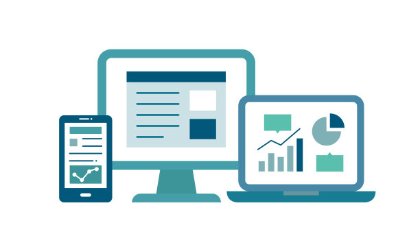 一组用于个人电脑、笔记本电脑和智能手机等数字设备的插图和图标，用于显示图形、数据和信息。图片下载