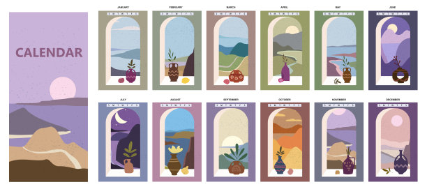 日历简约的窗口景观自然背景的四季。冬天是仙境，春天是清新的，夏天是炎热的晴天，秋天是落叶的。设定简约的现代波西米亚时尚风格。矢量插图平面隔离模板图片下载