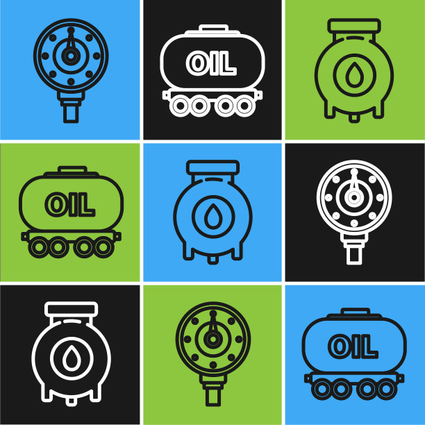 设置线路电机气表、油气工业厂房、油路水箱图标。向量图片下载