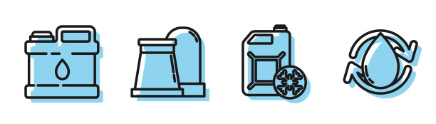 防冻剂罐、发动机机油罐、石油和天然气工业厂房和油滴图标线条图标集。矢量素材图片下载