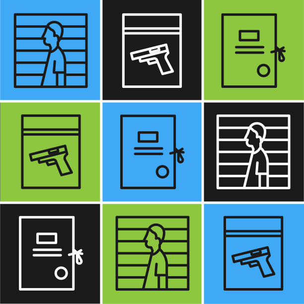 设置犯罪嫌疑人、诉讼文件、证物袋、手枪或枪支图标。向量图片下载