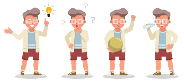 一套童心男孩角色矢量设计。表现在各种带有情感的动作中。图片下载