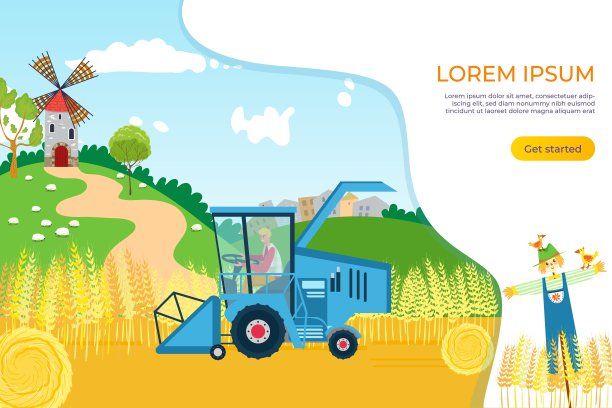 农业农民在农田设计，矢量插图。以拖拉机为背景，结合采摘自然小麦、卡通作品。图片下载