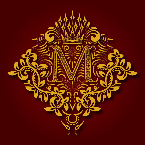 盾形纹章上的字母M图案。复古的金色字母与阴影在栗色的背景。图片下载
