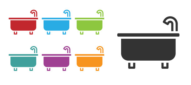 黑色浴缸图标孤立在白色背景。设置图标丰富多彩。向量图片下载