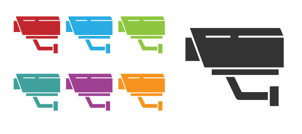 黑色安全摄像头图标孤立在白色背景上。设置图标丰富多彩。向量图片下载