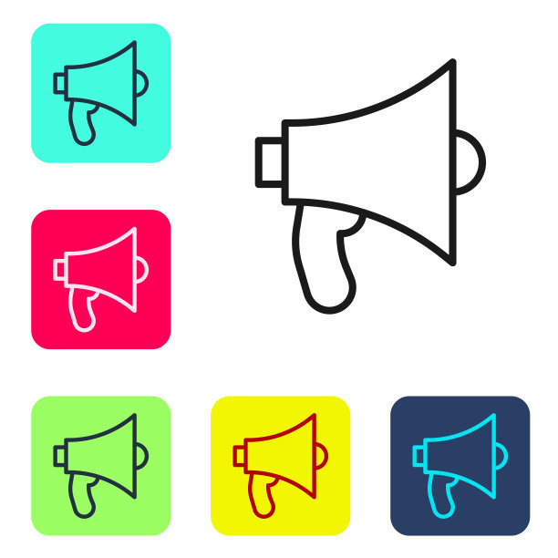 黑线扩音器图标隔离在白色背景上。演讲者的迹象。设置图标为彩色方框按钮。向量图片下载