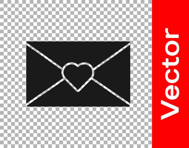黑色信封与情人节心形图标孤立在透明的背景。消息的爱。信上写着爱和浪漫。向量图片下载