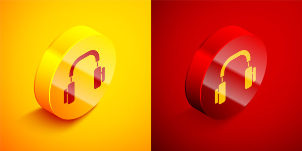 等距耳机图标隔离在橙色和红色的背景。耳机。听音乐、服务、沟通和操作员的概念。圆按钮。向量图片下载