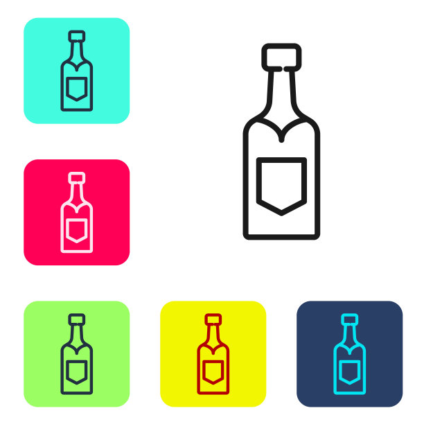 黑线香槟瓶图标孤立在白色背景。设置图标为彩色方框按钮。向量图片下载