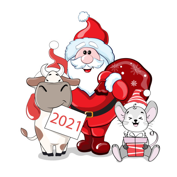 有圣诞老人、奶牛和老鼠的新年贺卡。2020年和2021年的象征图片下载