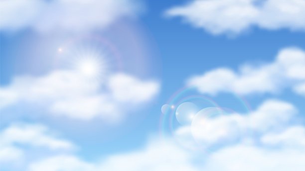 晴朗的蓝天。自然的天空布满了阳光。晴天明媚，天气多云。阳光向量背景图片下载