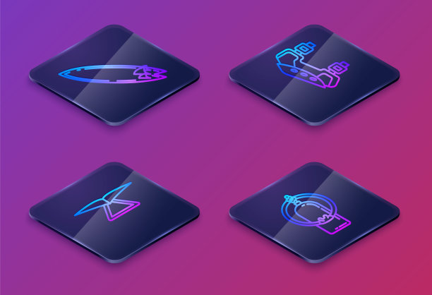 设置等距线冲浪板，悬挂滑翔机，护膝和水翼。蓝色方块按钮。向量图片下载