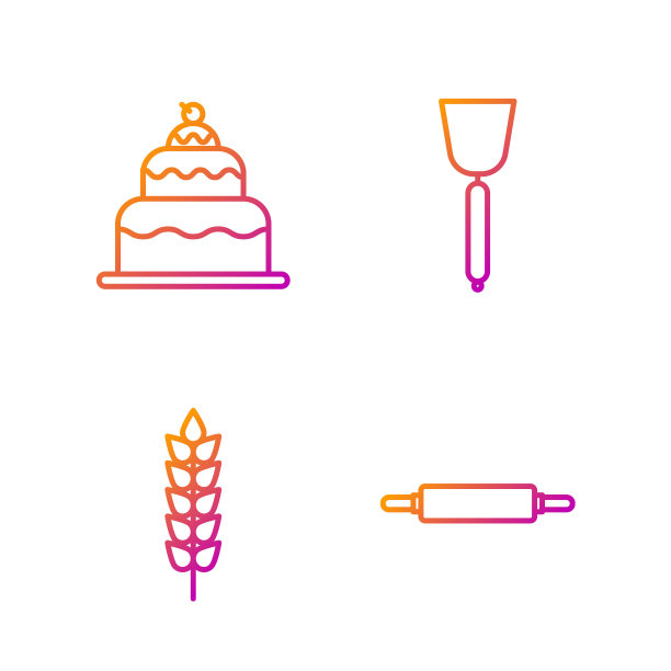 套线擀面杖，谷物，大米，小麦，玉米，燕麦，黑麦，蛋糕和锅铲。渐变颜色图标。向量图片下载