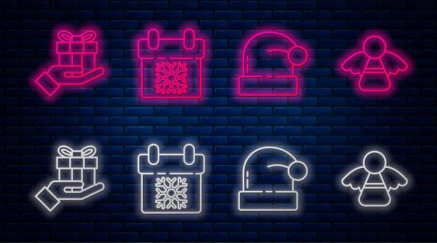 套行日历，圣诞老人帽，手拿礼盒和圣诞天使。砖墙上发光的霓虹灯图标。向量图片下载
