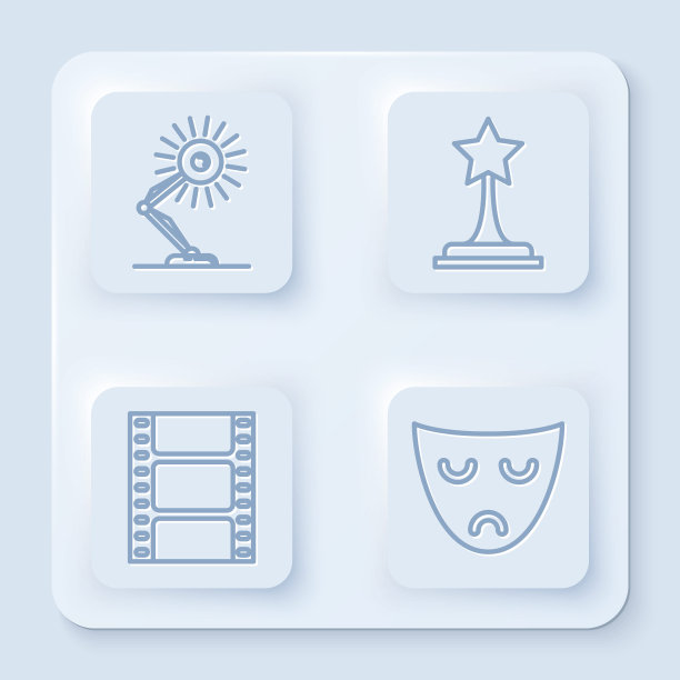 台灯、电影奖杯、播放视频和戏剧面具图标矢量图图片下载