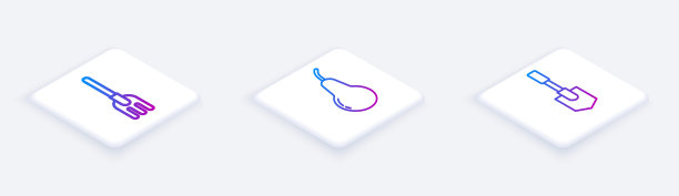 设置等距线花园耙，梨和铲。白色正方形按钮。向量图片下载