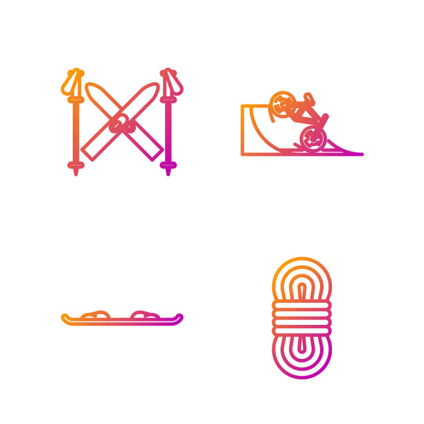 在坡道上设置攀爬绳、滑雪板、滑雪杖和自行车。渐变颜色图标。向量图片下载