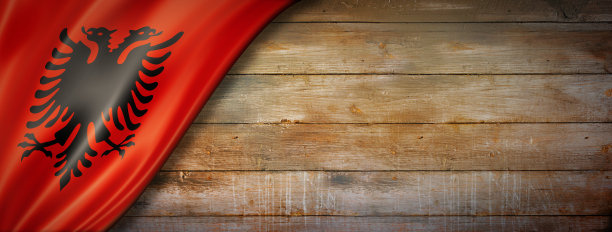 阿尔巴尼亚国旗上的复古木墙横幅图片下载