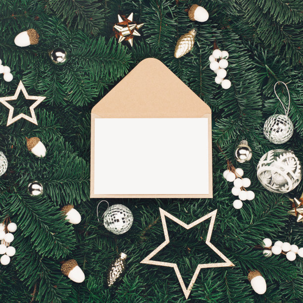 空的工艺信封和白色卡片，圣诞银色节日装饰，蘑菇，橡子在圣诞树的树枝背景。图片下载