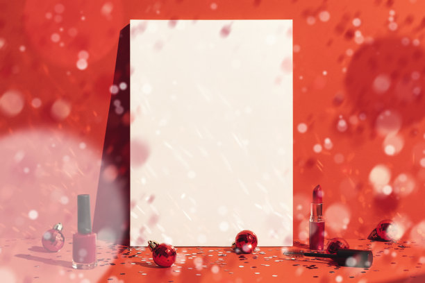 杂志封面模型，模板和化妆品在红色背景与五彩纸屑雨图片下载