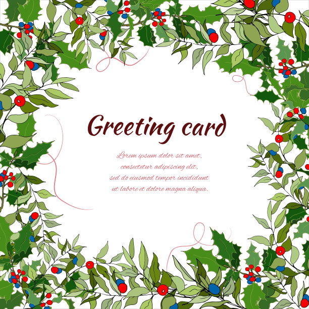 圣诞文字框架与槲寄生和冬青。矢量插图祝贺和邀请。图片下载