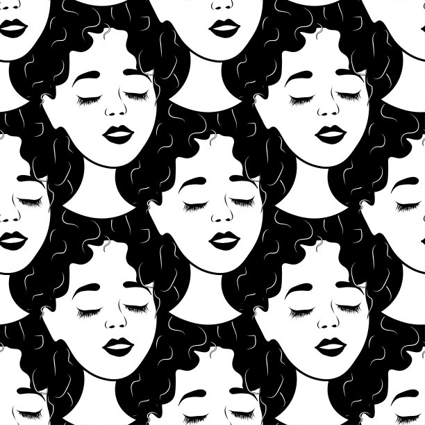 无缝图案与轮廓可爱的女孩在白色的背景上的化身。一个年轻女人的侧面在前面，一个扁平的风格。人们的脸上洋溢着喜悦和放松。
股票矢量插图设计图片下载