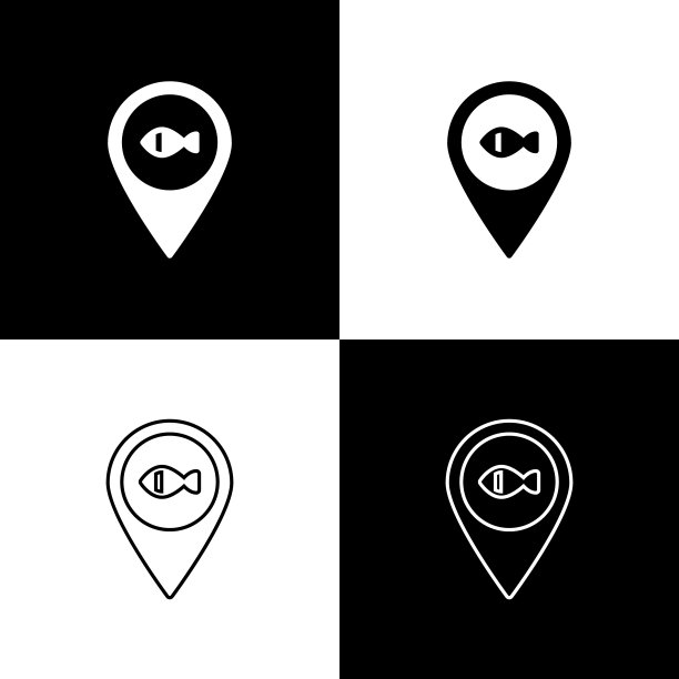 设置位置钓鱼图标隔离在黑白背景上。钓鱼的地方。向量图片下载