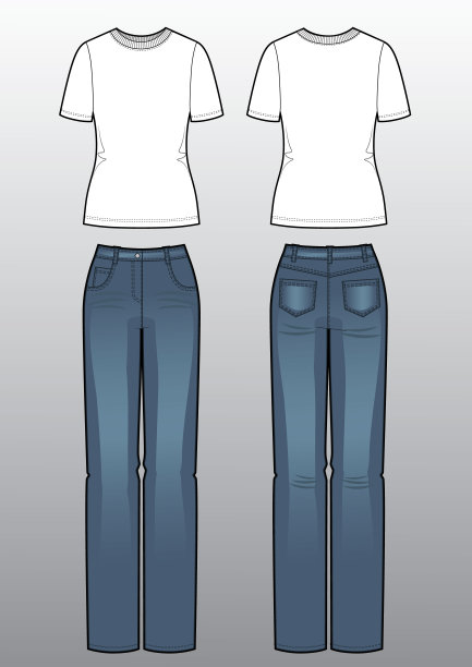 女装套装，衬衫和蓝色牛仔裤。时尚外观。孤立在白色背景上。图片下载