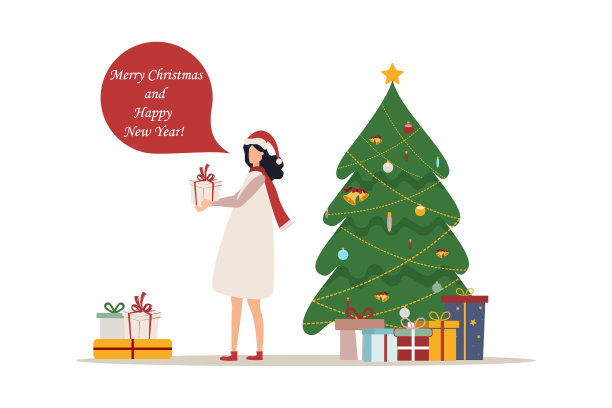 一位女士站在圣诞树和礼物旁，背景带有“圣诞快乐，新年快乐”字样，新年背景矢量素材图片下载