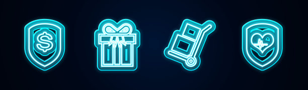 集线盾和美元，礼品盒，手推车盒和心率。发光的霓虹灯图标。向量图片下载