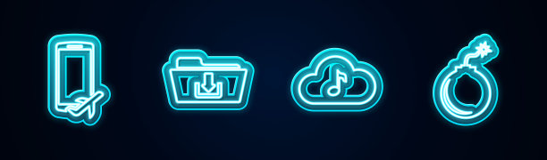 设置线飞行模式在移动，文件夹下载，音乐流媒体服务和炸弹准备爆炸。发光的霓虹灯图标。向量图片下载