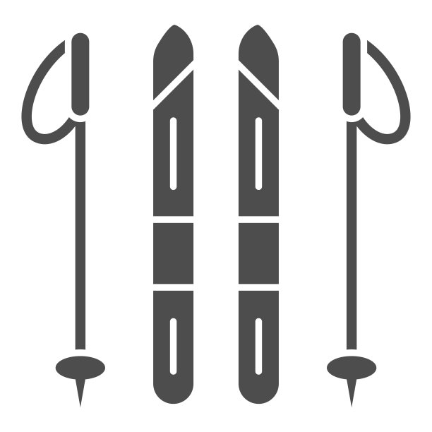 滑雪板和滑雪杆固体图标，世界雪天概念，滑雪和棍棒标志在白色的背景，滑雪设备图标在移动概念和网页设计的象形风格。矢量图形。图片下载