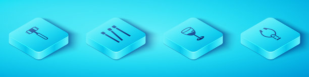 设置等距厨房锤子，火柴，肉钳和酒杯图标。向量图片下载