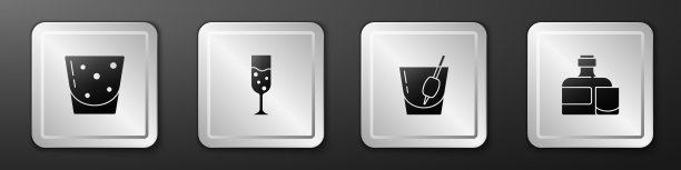设置玻璃杯的朗姆酒，香槟，鸡尾酒血腥玛丽和威士忌瓶子和玻璃图标。银广场按钮。向量图片下载