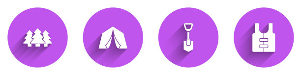 设置森林，旅游帐篷，铲子和救生衣图标与长影子。向量图片下载