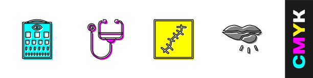 设置视力检查表，听诊器，疤痕带缝线和疱疹唇图标。向量图片下载