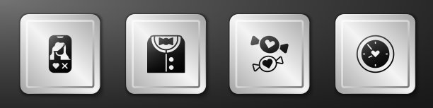 设置约会应用在线，套装，糖果和时钟与心脏图标。银广场按钮。向量图片下载