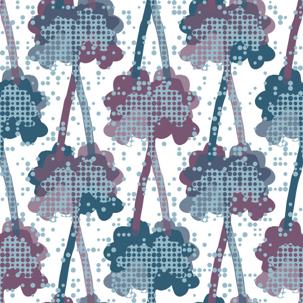 冬天桦树的剪影。装饰无缝矢量图案在紫罗兰，蓝色和粉红色像雪白的背景。图片下载