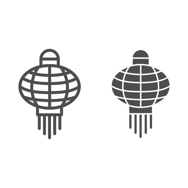 中国灯笼线条和固体图标，中国中秋节的概念，纸手电筒标志在白色的背景，圆形灯笼从中国图标轮廓风格的网页设计。矢量图形。图片下载