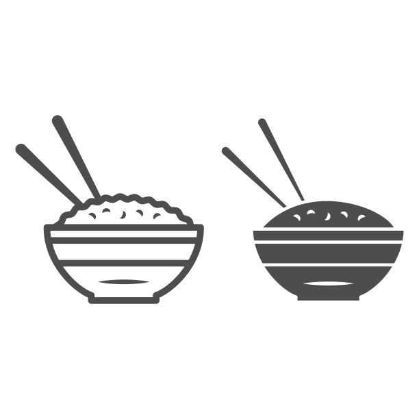 米饭和筷子线和固体图标，中国或日本料理概念，盘子的食物标志在白色的背景，膳食和筷子图标轮廓风格的网页设计。矢量图形。图片下载