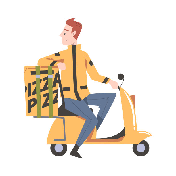 送餐员骑踏板车，送披萨服务卡通风格矢量插图图片下载