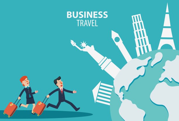 地球仪的商人和女商人。商务旅行矢量插图。国际合作、合作和团队合作的理念。著名地标旅游目的地图片下载