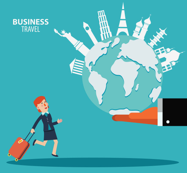 地球仪的女商人。商务旅行矢量插图。国际合作、合作和团队合作的理念。著名地标旅游目的地图片下载