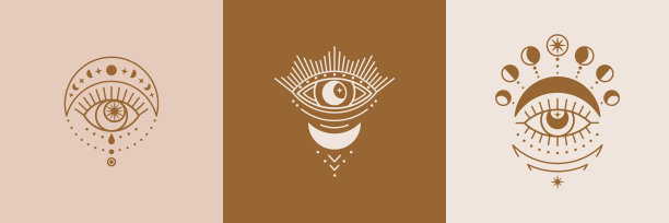 一套神秘的眼睛，太阳和月亮图标在趋势最小线性风格。向量Isoteric插图图片下载