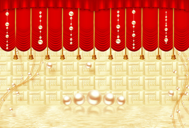 3d壁画插图背景与黄金珍珠首饰，红色窗帘，圆装饰艺术墙纸古典室内空间。图片下载