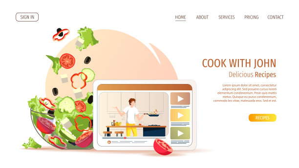 一名男子在厨房的平板电脑屏幕上准备食物和一碗新鲜沙拉的视频。美食博客，烹饪，食谱，晚餐，自制食物概念。图片下载