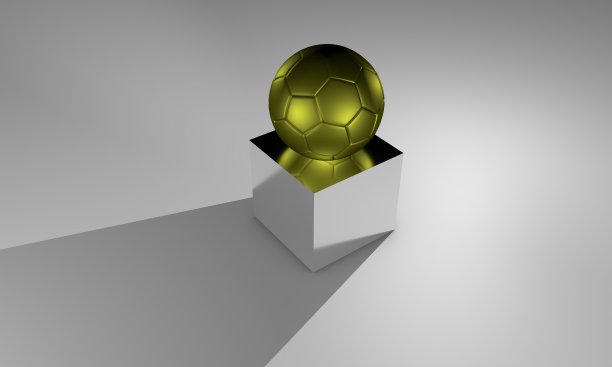 一个金色的足球放在反射台上。3d生成的插图。图片下载
