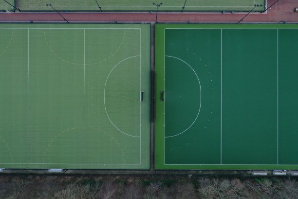 鸟瞰图的两个不同的运动场与人工草地在不同的阴影的绿色图片下载