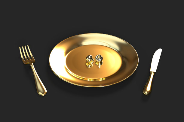 这是一个有两个蘑菇的金色盘子的特写。三维演示图片下载